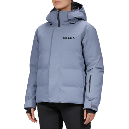 A woman wearing an asthetic lavendar coloured puffer jacket that has 21.5kmm waterproofing and BLANC written on it